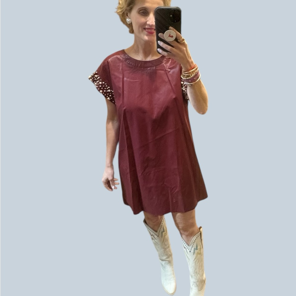 Entro Burgundy Dress with Pearl & Rhinestone Accents